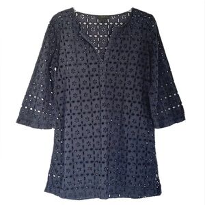 J. CREW Navy Lazer Cut Eyelet Three Quarter Sleeve Popover Swim Cover Up S
